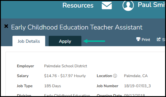 Image of job details and apply tabs