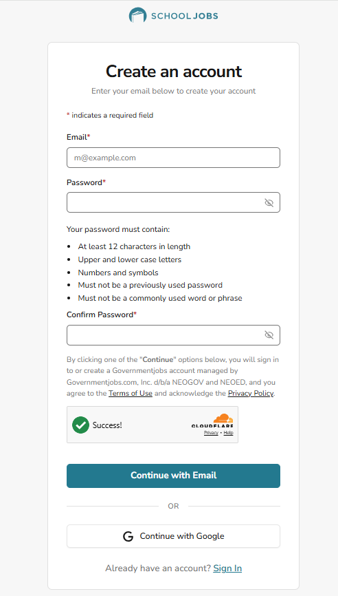Create a new account form