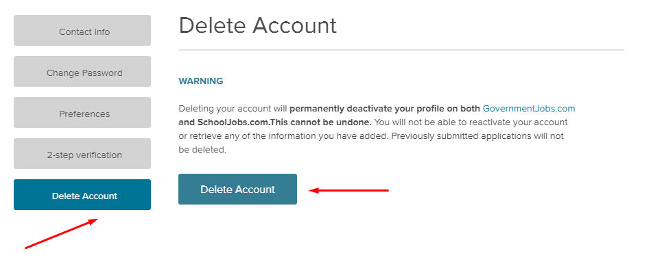 Image of delete my account section