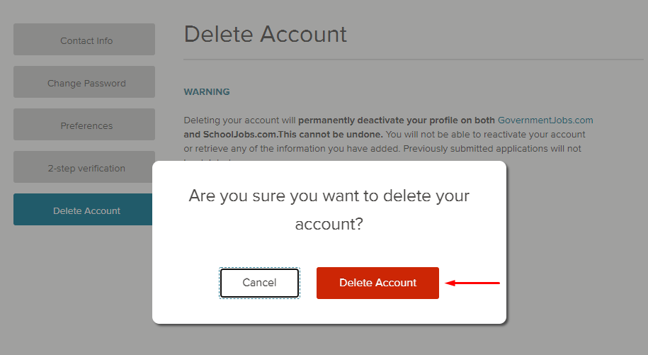 Image of delete my account confirmation window